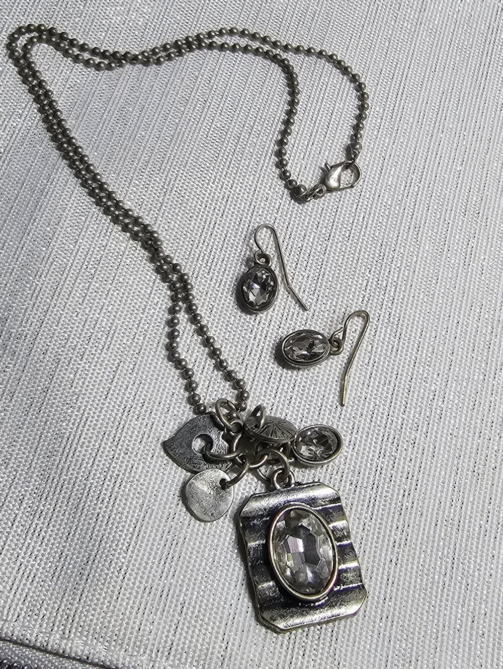 Distressed Brass Charm Necklace & Earrings Set with Clear Faceted Crystals
